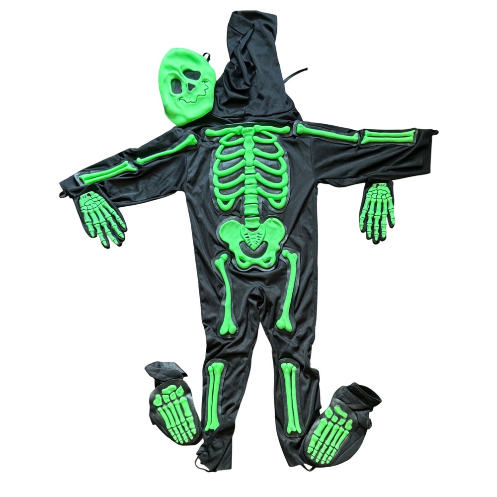 Fun World Skeleton Costume Kids 4T-6T Green Black Jumpsuit Mask Gloves Booties